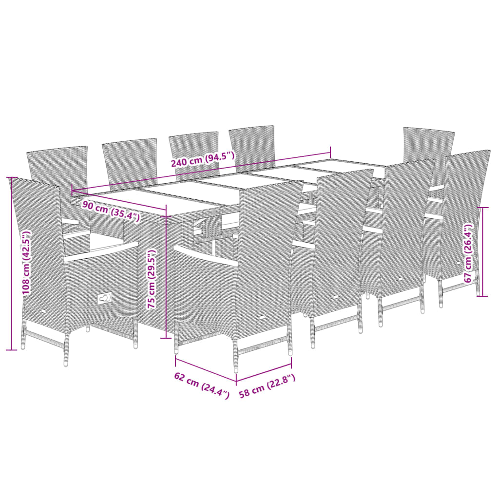Set da Pranzo da Giardino 11 pz con Cuscini in Polyrattan Nero | homemem39