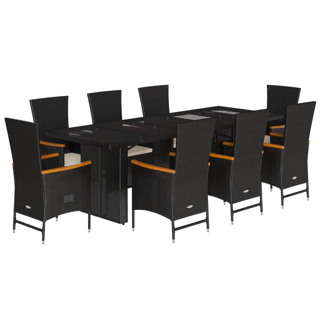 Set da Pranzo da Giardino 9 pz con Cuscini Nero in Polyrattan | homemem39