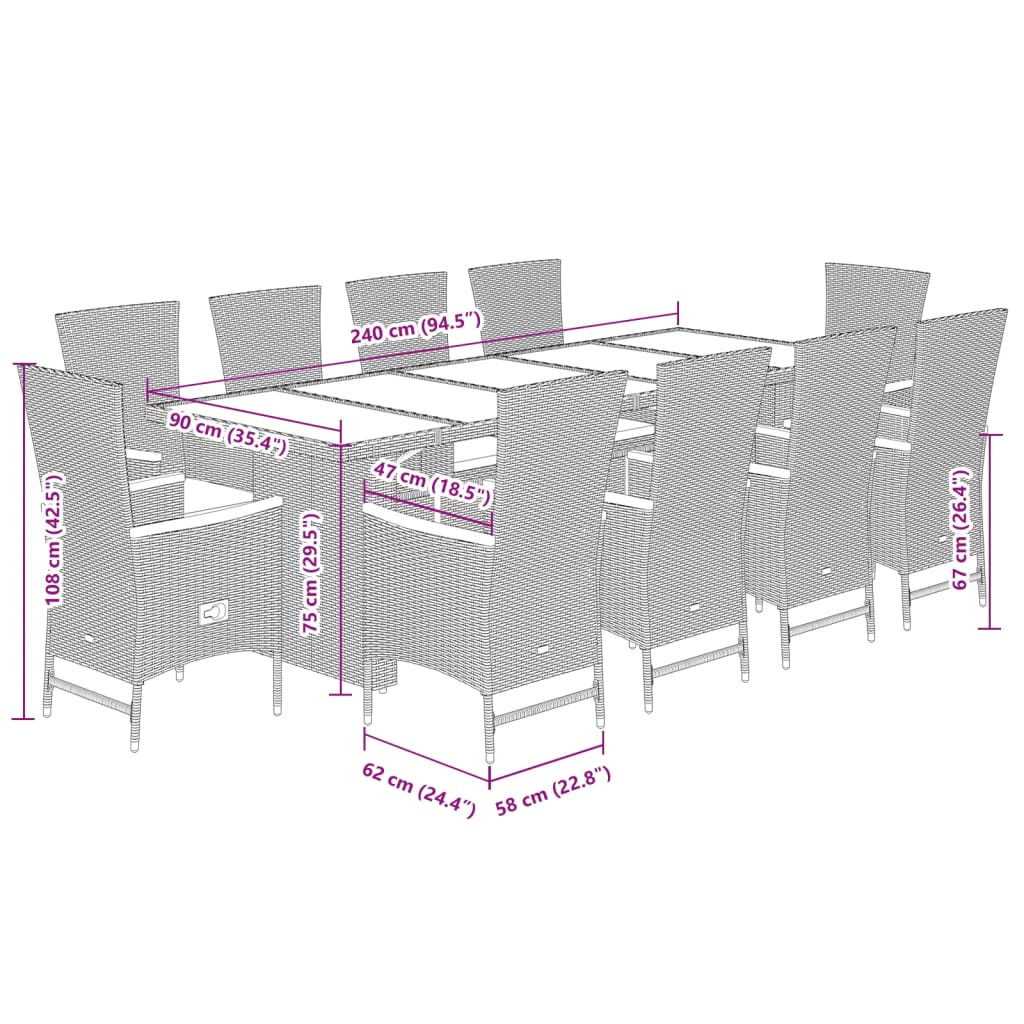Set da Pranzo da Giardino 11 pz con Cuscini in Polyrattan Nero | homemem39