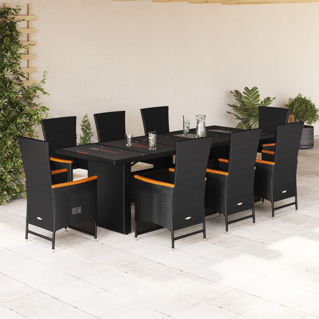 Set da Pranzo da Giardino 9 pz con Cuscini Nero in Polyrattan