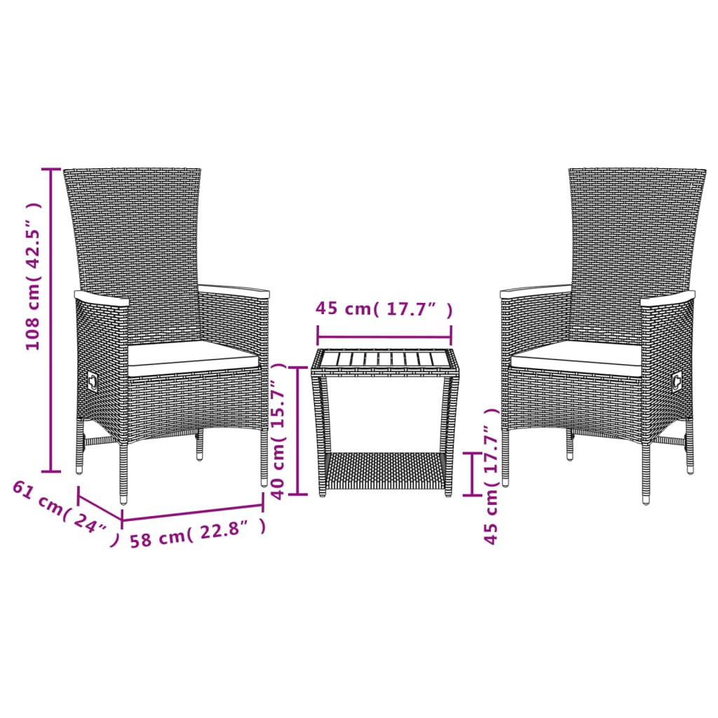 Set da Pranzo da Giardino 3 pz con Cuscini Nero in Polyrattan | homemem39