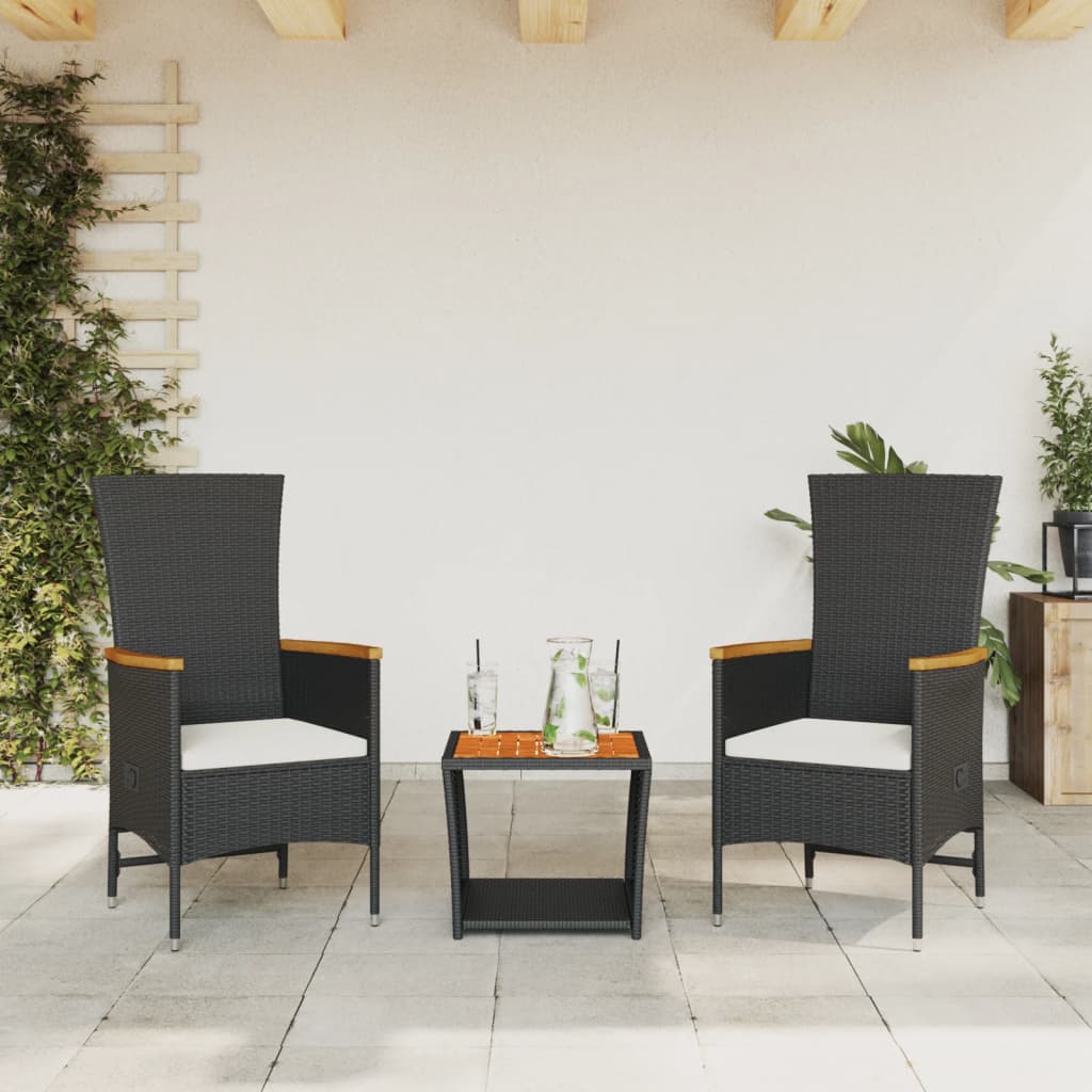 Set da Pranzo da Giardino 3 pz con Cuscini Nero in Polyrattan | homemem39