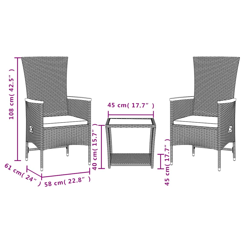 Set da Pranzo da Giardino 3 pz con Cuscini Nero in Polyrattan | homemem39