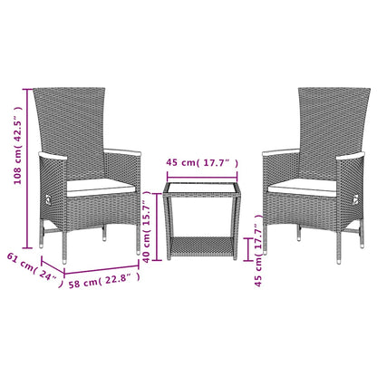 Set da Pranzo da Giardino 3 pz con Cuscini Nero in Polyrattan | homemem39