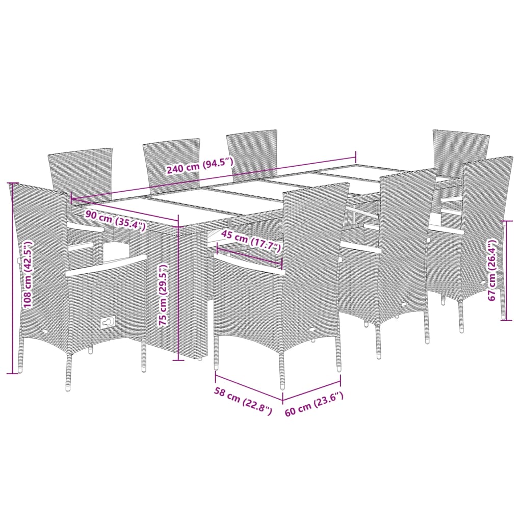 Set da Pranzo da Giardino 9 pz con Cuscini in Polyrattan Grigio | homemem39