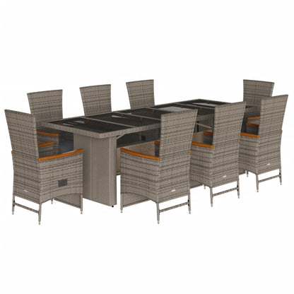 Set da Pranzo da Giardino 9 pz con Cuscini in Polyrattan Grigio