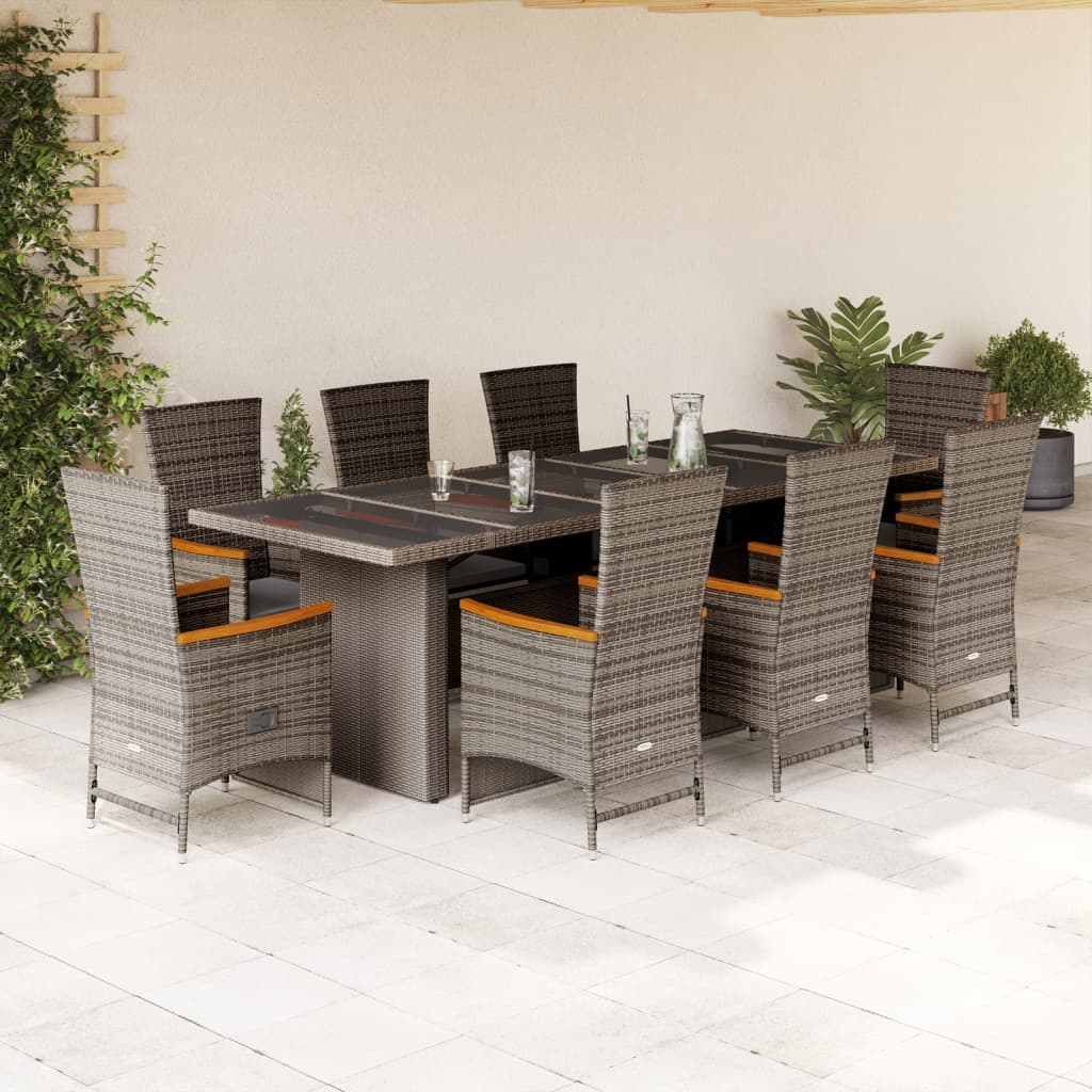 Set da Pranzo da Giardino 9 pz con Cuscini in Polyrattan Grigio