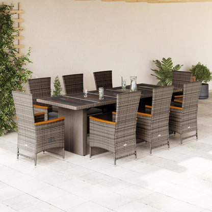 Set da Pranzo da Giardino 9 pz con Cuscini in Polyrattan Grigio