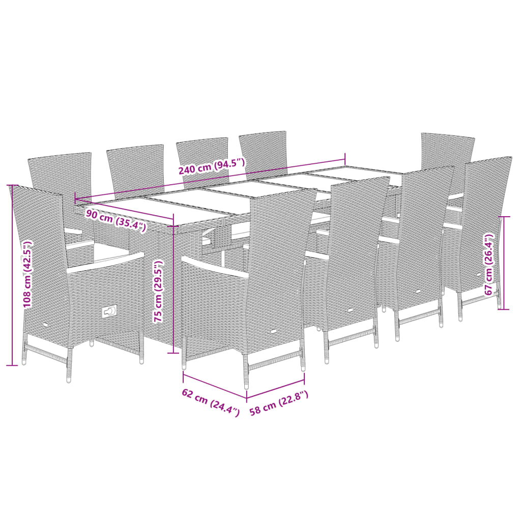 Set da Pranzo da Giardino 11pz con Cuscini in Polyrattan Grigio | homemem39
