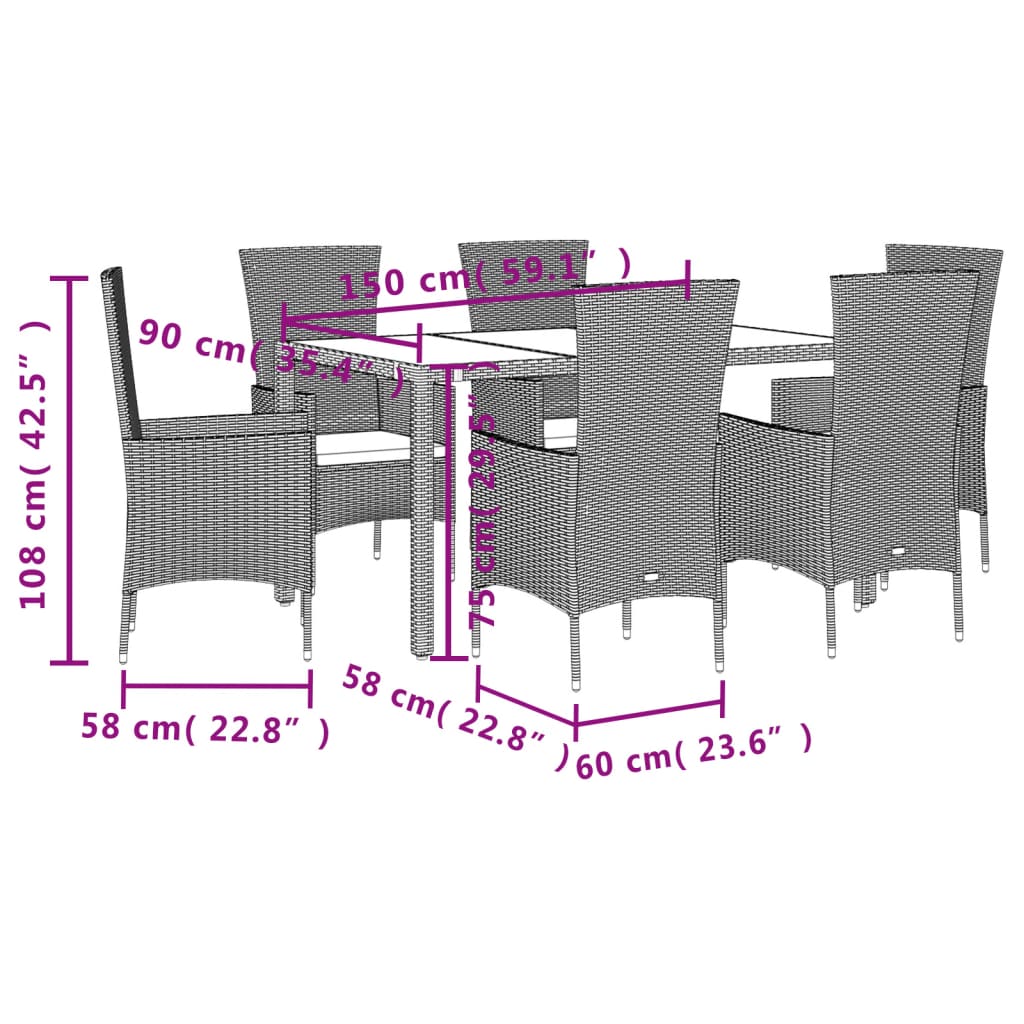 Set da Pranzo da Giardino 7 pz con Cuscini Beige in Polyrattan - homemem39