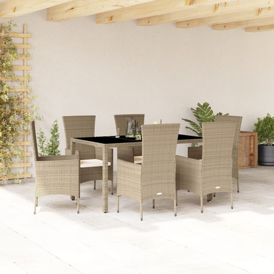 Set da Pranzo da Giardino 7 pz con Cuscini Beige in Polyrattan - homemem39