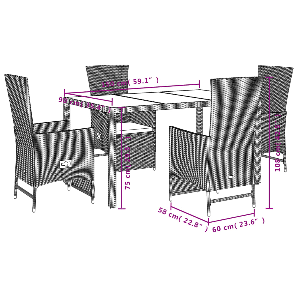 Set da Pranzo da Giardino 5 pz con Cuscini Beige in Polyrattan - homemem39