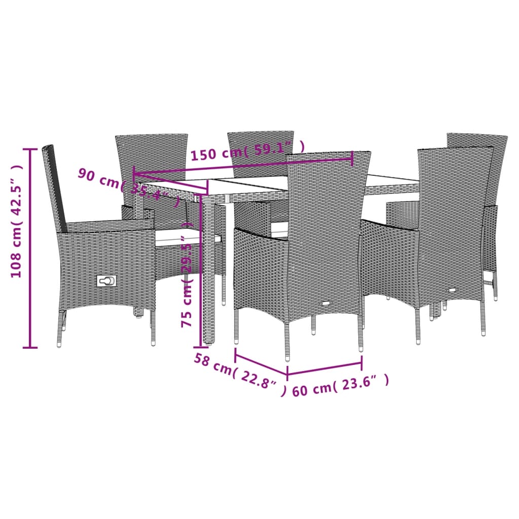 Set da Pranzo da Giardino 7 pz con Cuscini Beige in Polyrattan - homemem39