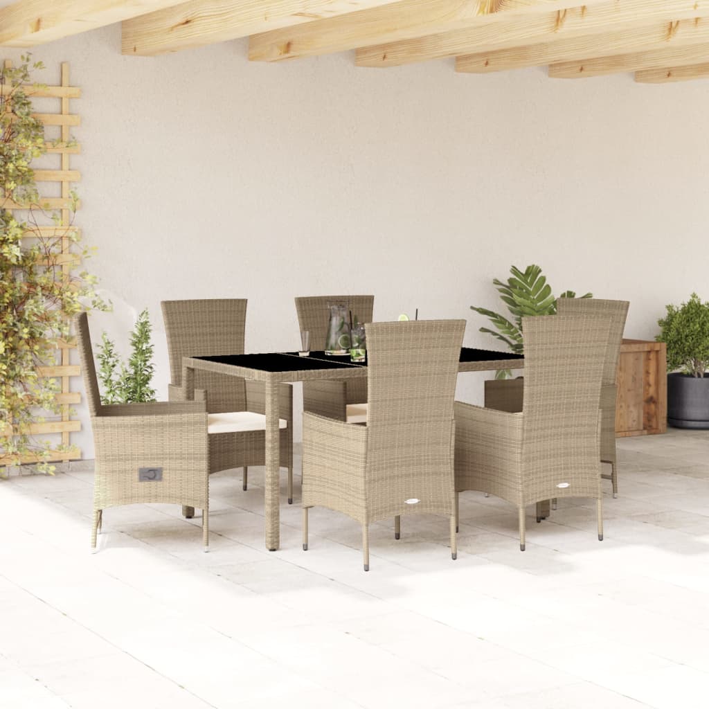 Set da Pranzo da Giardino 7 pz con Cuscini Beige in Polyrattan - homemem39