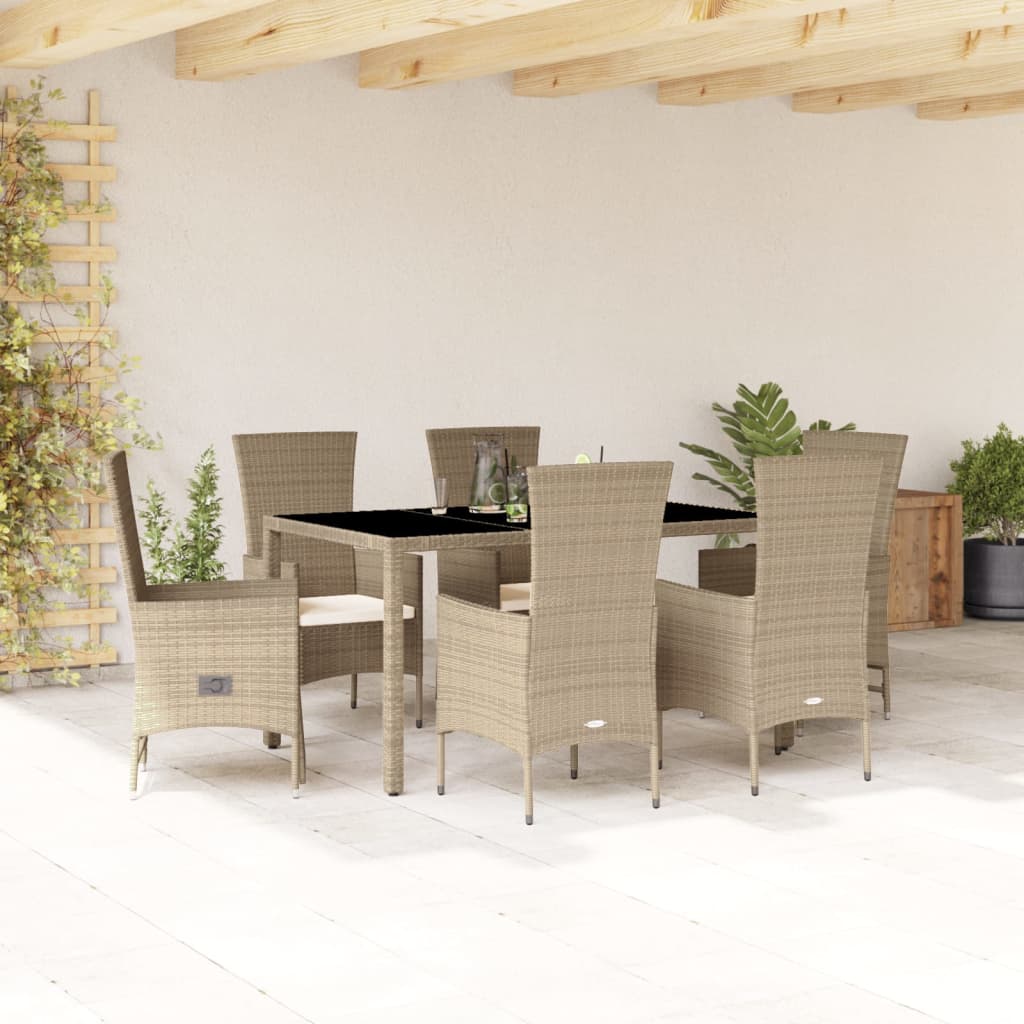 Set da Pranzo da Giardino 7 pz con Cuscini Beige in Polyrattan - homemem39