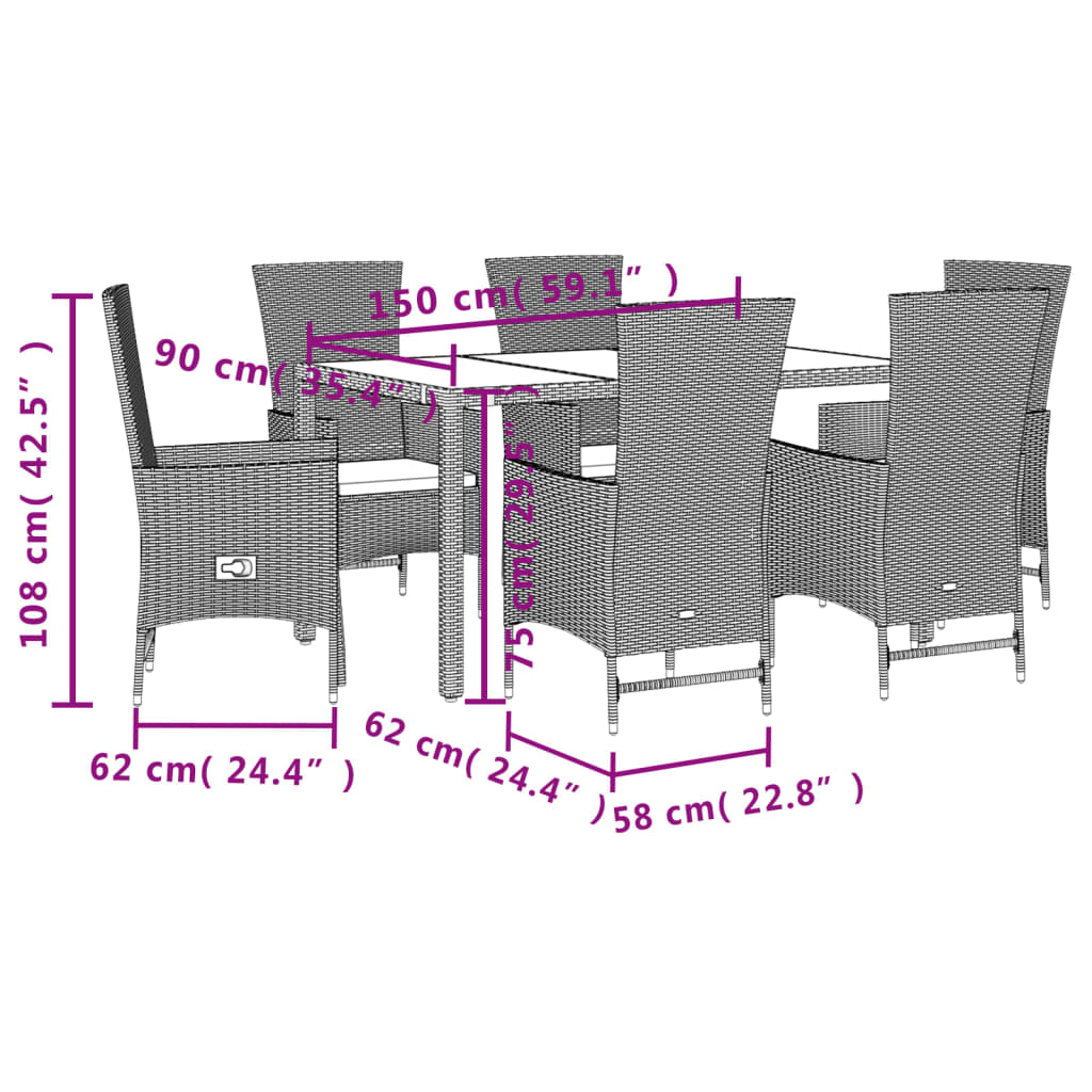 Set da Pranzo da Giardino 7 pz con Cuscini Beige in Polyrattan | homemem39