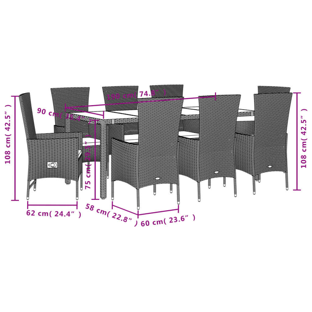 Set da Pranzo da Giardino 9 pz con Cuscini Beige in Polyrattan | homemem39