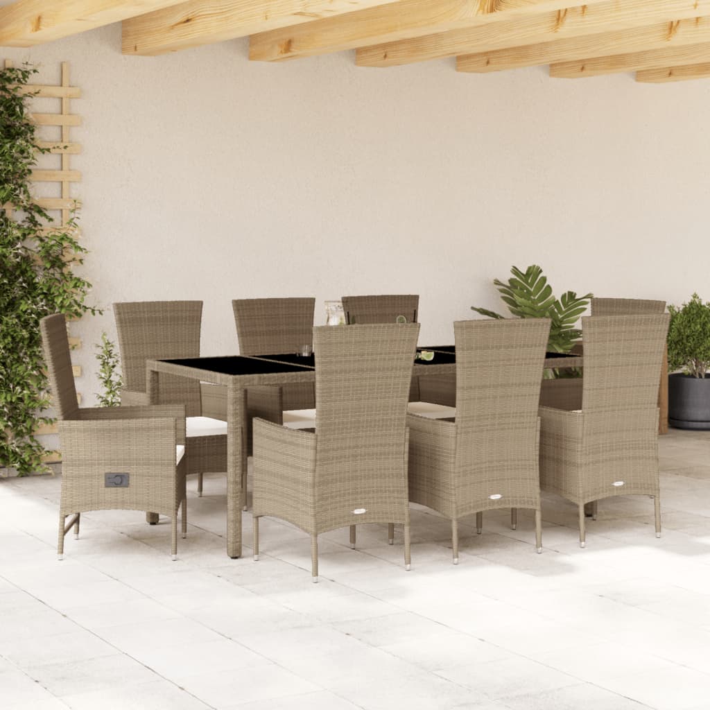 Set da Pranzo da Giardino 9 pz con Cuscini Beige in Polyrattan - homemem39