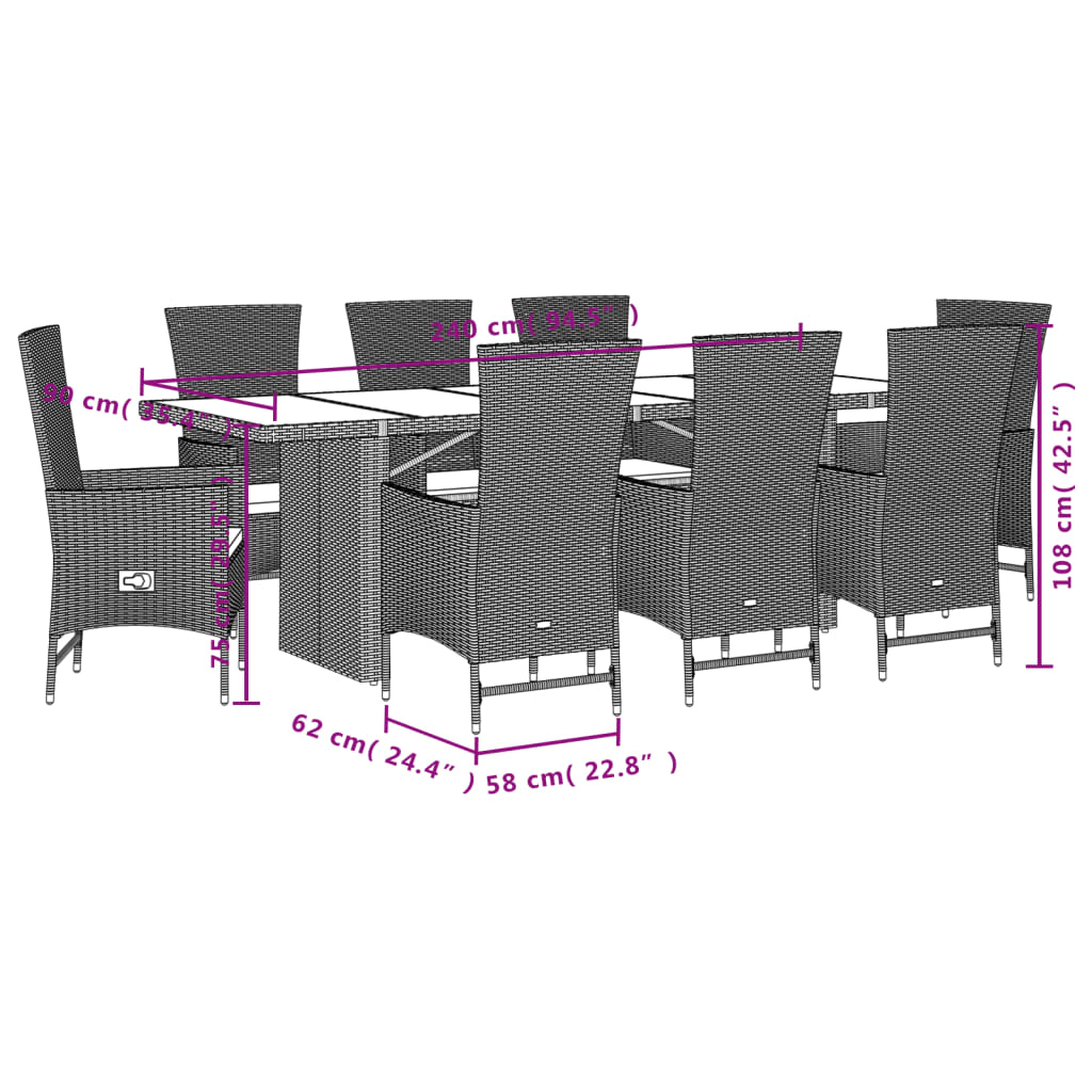 Set da Pranzo da Giardino 9 pz con Cuscini Beige in Polyrattan | homemem39