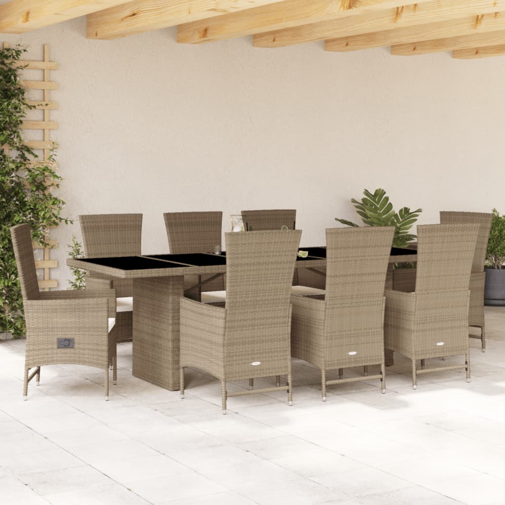 Set da Pranzo da Giardino 9 pz con Cuscini Beige in Polyrattan | homemem39