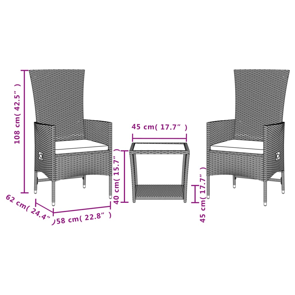 Set da Pranzo da Giardino 3 pz con Cuscini Beige in Polyrattan | homemem39