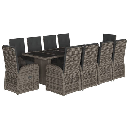 Set da Pranzo da Giardino 11pz con Cuscini in Polyrattan Grigio