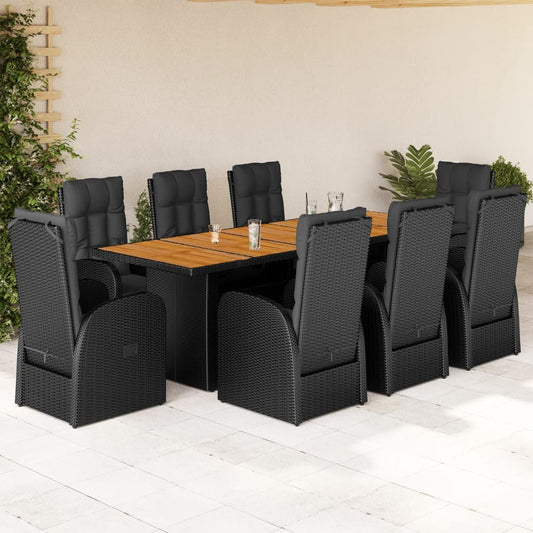 Set da Pranzo da Giardino 9 pz con Cuscini Nero in Polyrattan