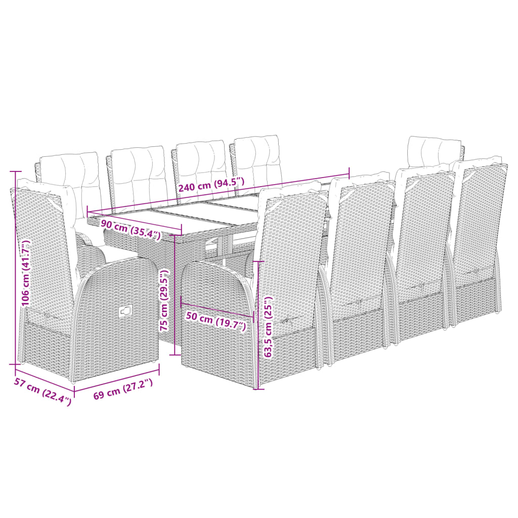 Set da Pranzo da Giardino 11 pz con Cuscini in Polyrattan Nero | homemem39