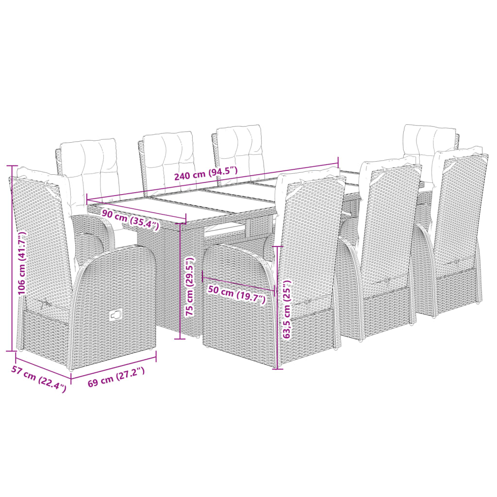 Set da Pranzo da Giardino 9 pz con Cuscini Nero in Polyrattan | homemem39