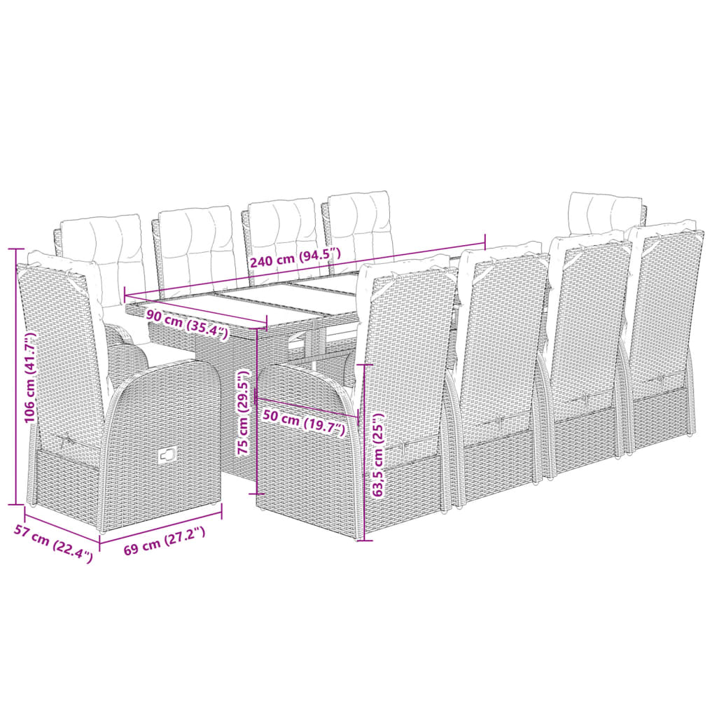 Set da Pranzo da Giardino 11 pz con Cuscini in Polyrattan Nero | homemem39