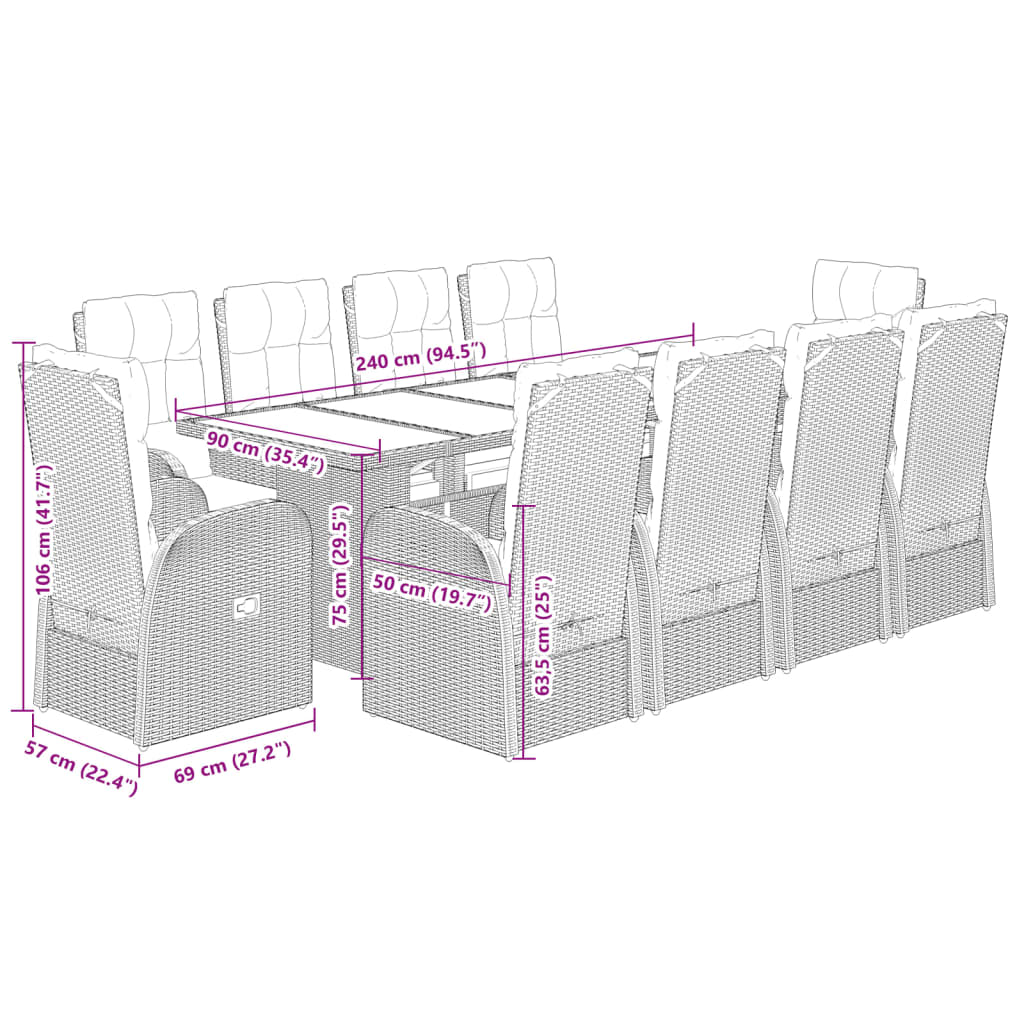 Set da Pranzo da Giardino 11 pz con Cuscini in Polyrattan Nero