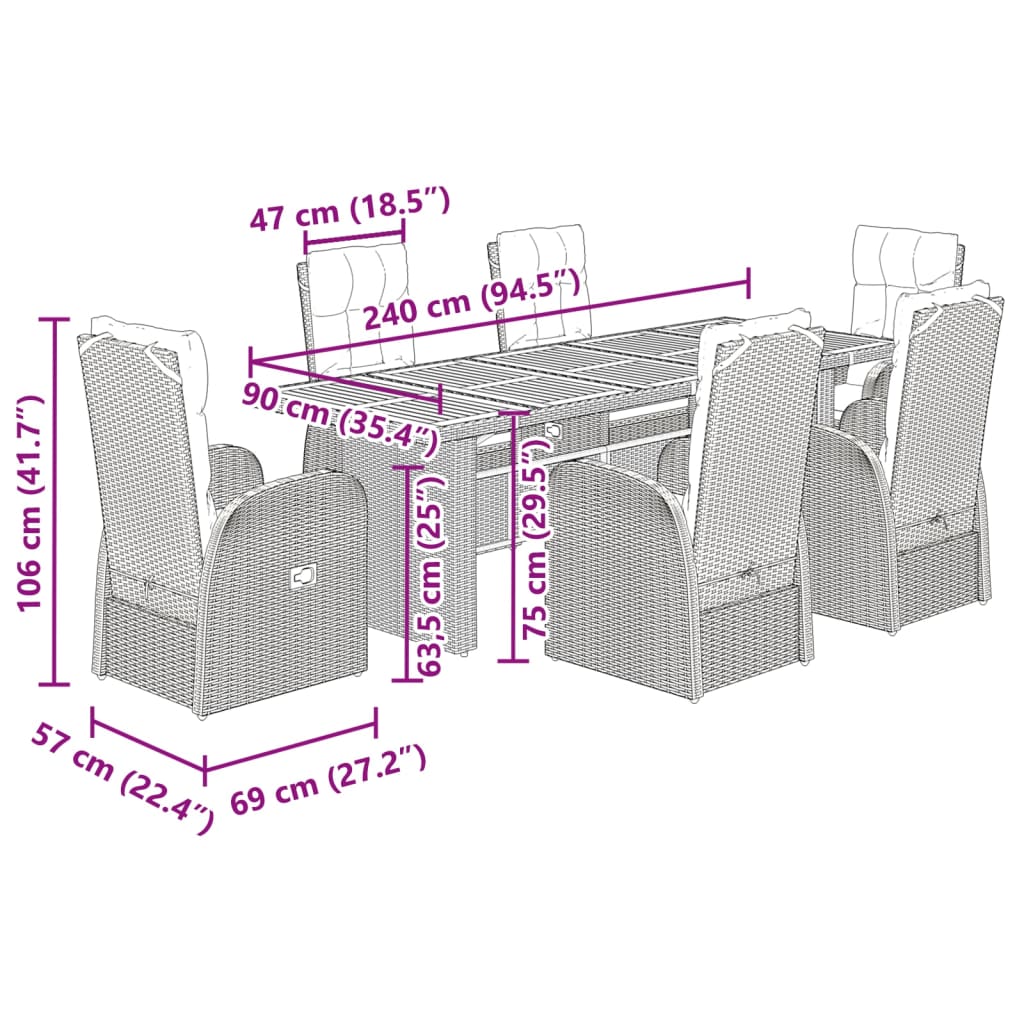 Set da Pranzo da Giardino 7 pz Nero con Cuscini in Polyrattan - homemem39