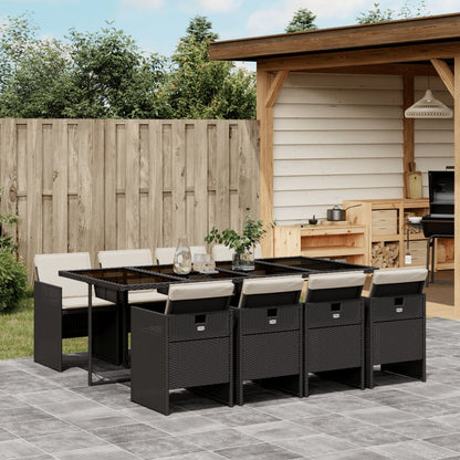 Set da Pranzo da Giardino 9 pz con Cuscini Nero in Polyrattan | homemem39
