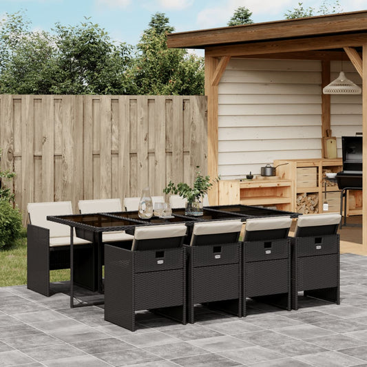 Set da Pranzo da Giardino 9 pz con Cuscini Nero in Polyrattan | homemem39