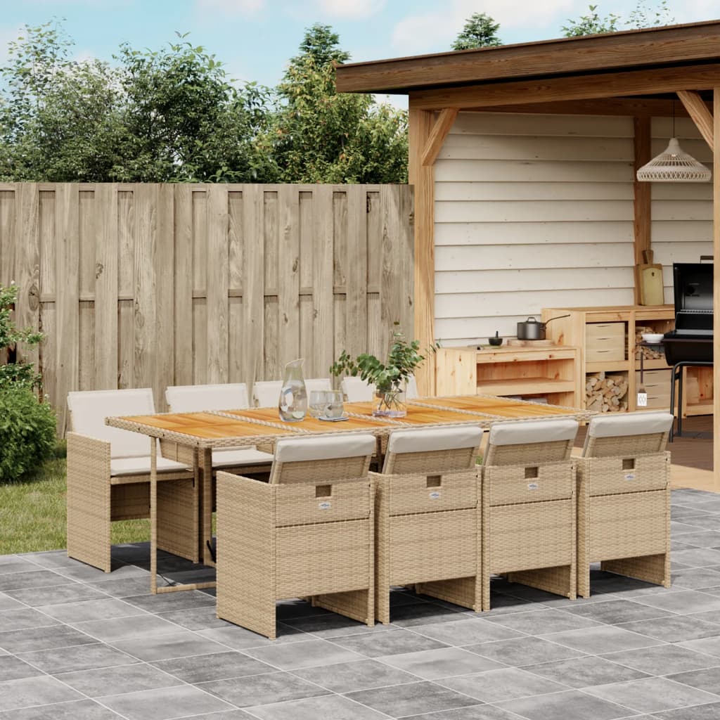Set da Pranzo da Giardino 9 pz con Cuscini Beige in Polyrattan - homemem39