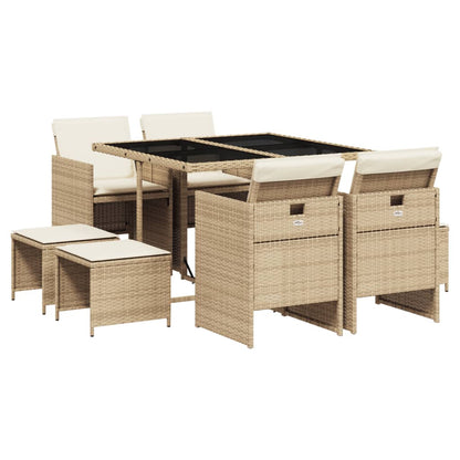 Set da Pranzo da Giardino 9 pz con Cuscini Beige in Polyrattan | homemem39