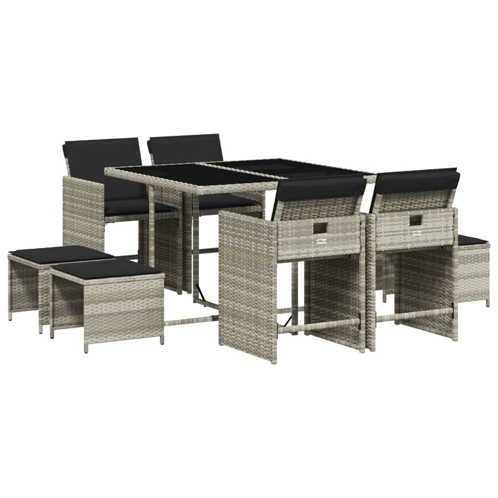 Set Pranzo da Giardino 9pz con Cuscini Grigio Chiaro Polyrattan | homemem39