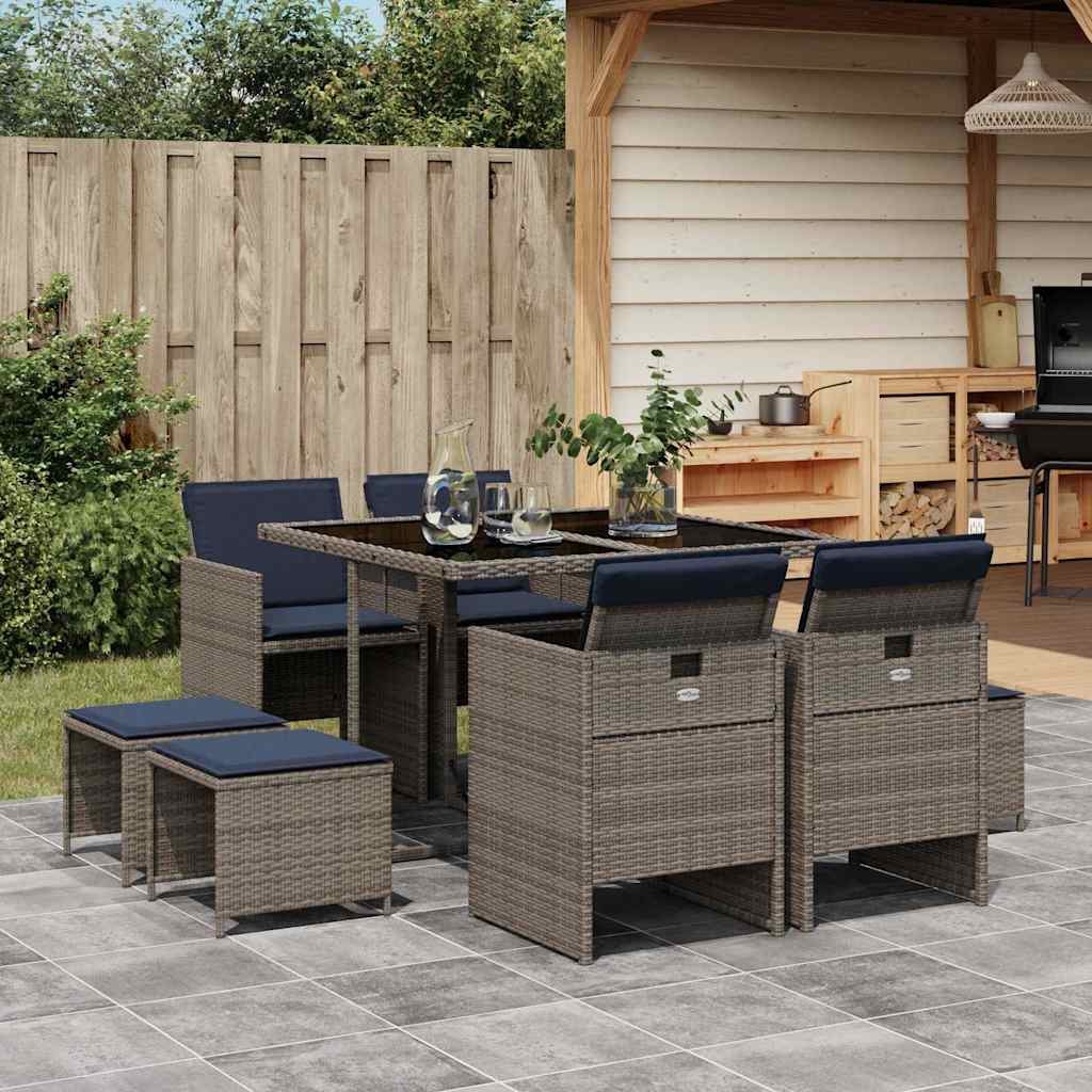 Set da pranzo da giardino da 9 pz con Cuscini in Polyrattan Grigio