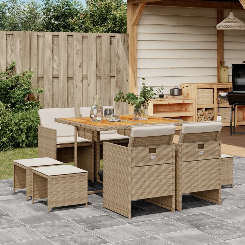 Set da Pranzo da Giardino 9 pz con Cuscini Beige in Polyrattan | homemem39