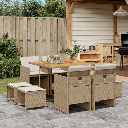 Set da Pranzo da Giardino 9 pz con Cuscini Beige in Polyrattan - homemem39