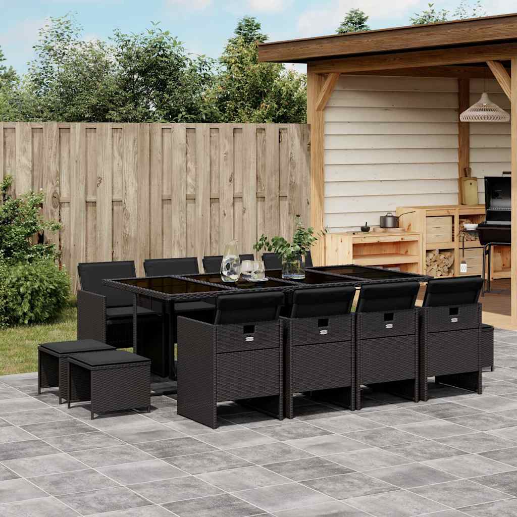 Set da Pranzo da Giardino 13pz con Cuscini Nero in Polyrattan | homemem39