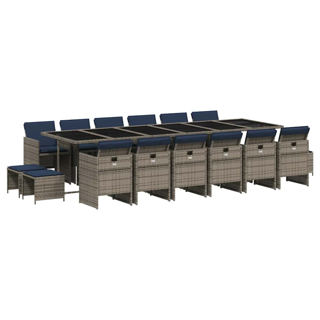 Set da pranzo da giardino da 17 pz con Cuscini in Polyrattan Grigio