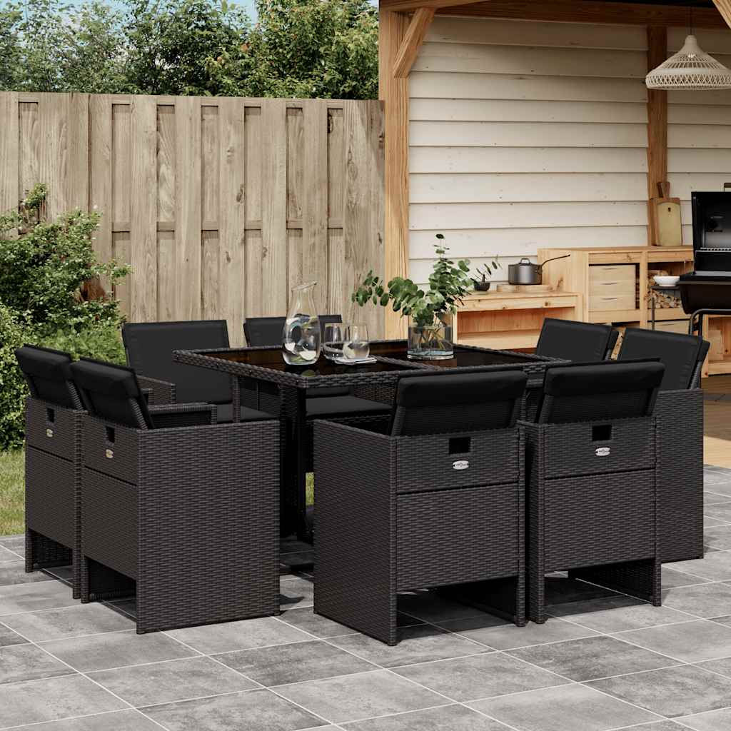 Set da Pranzo da Giardino 9 pz con Cuscini Nero in Polyrattan | homemem39