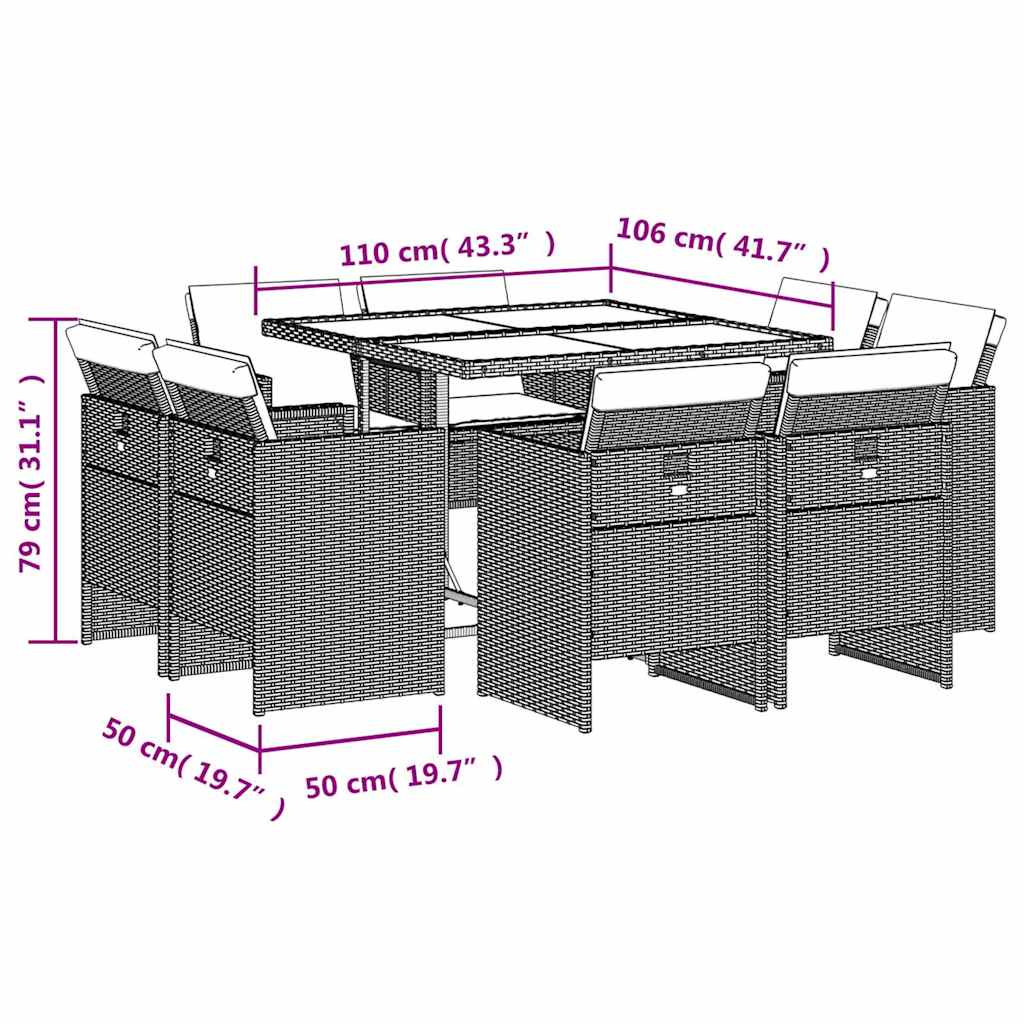 Set da Pranzo da Giardino 9 pz con Cuscini Beige in Polyrattan | homemem39