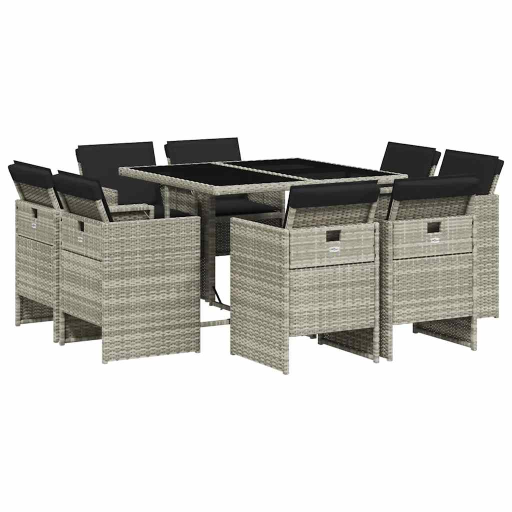 Set Pranzo da Giardino 9pz con Cuscini Grigio Chiaro Polyrattan | homemem39