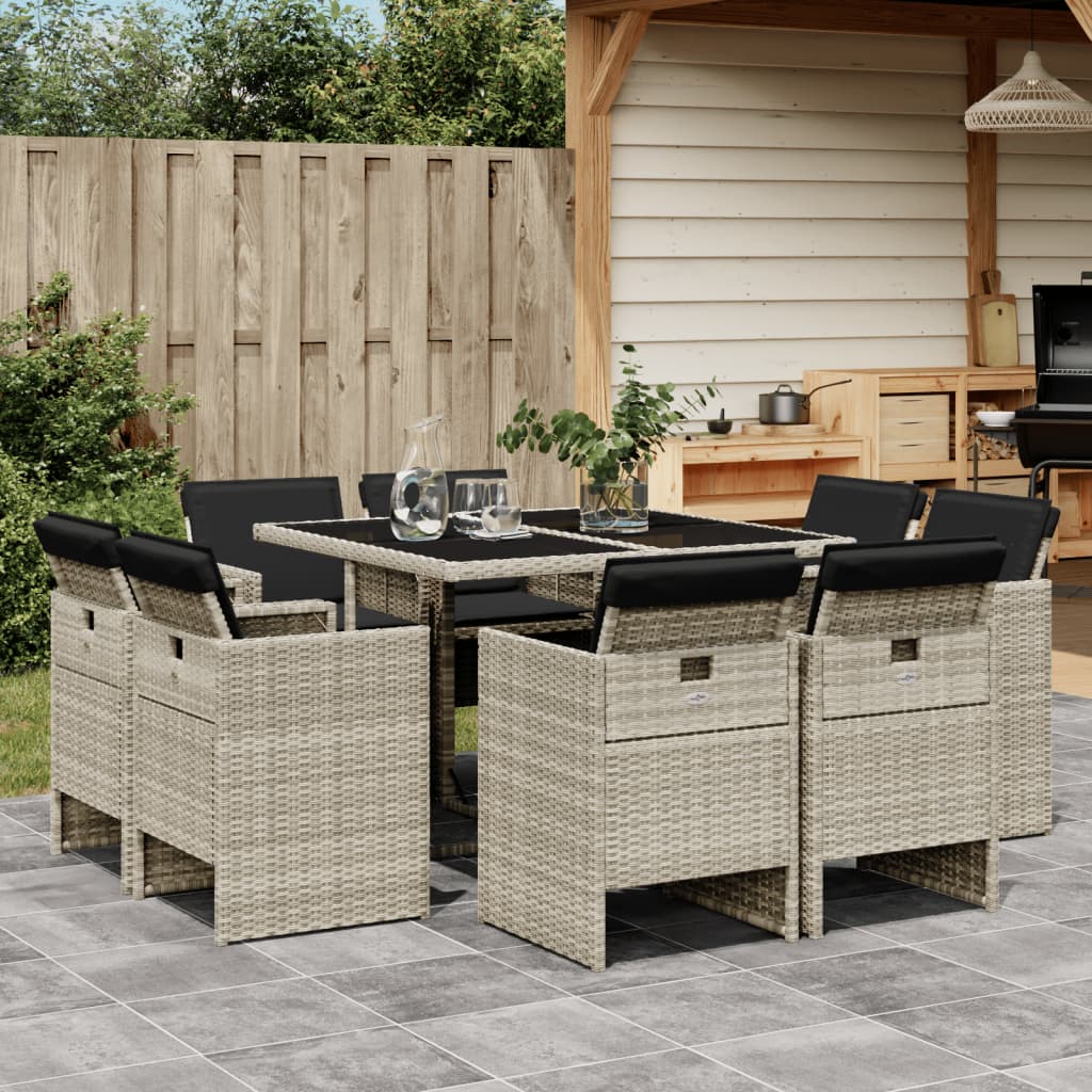 Set Pranzo da Giardino 9pz con Cuscini Grigio Chiaro Polyrattan - homemem39