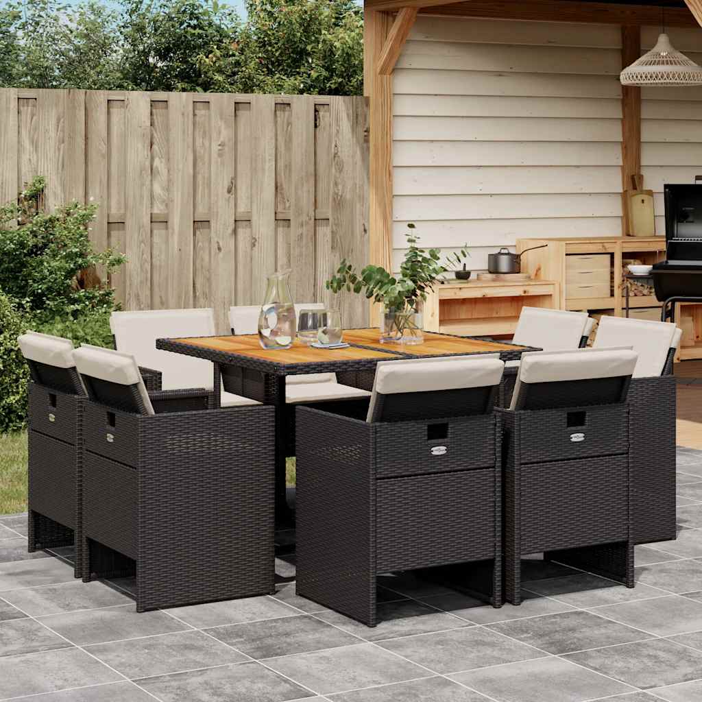 Set da Pranzo da Giardino 9 pz con Cuscini Nero in Polyrattan | homemem39