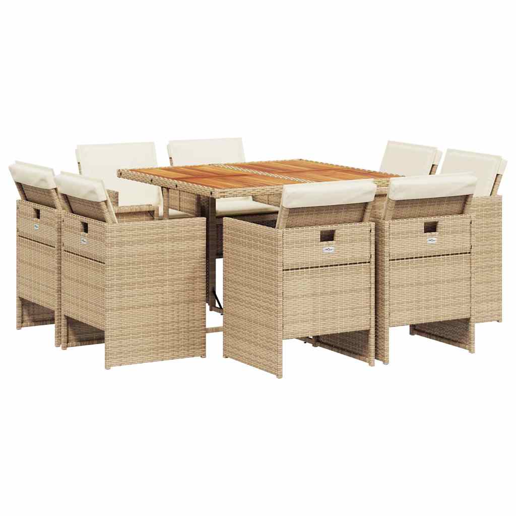Set da Pranzo da Giardino 9 pz con Cuscini Beige in Polyrattan | homemem39