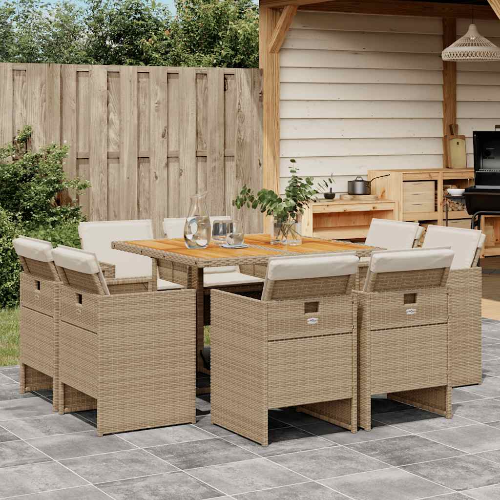 Set da Pranzo da Giardino 9 pz con Cuscini Beige in Polyrattan | homemem39