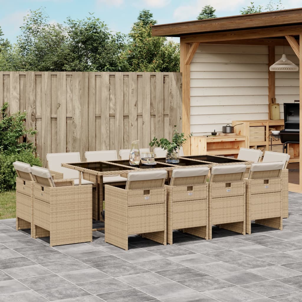 Set da Pranzo da Giardino 13 pz con Cuscini Beige in Polyrattan - homemem39